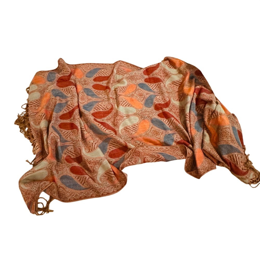 Pashmina JS Ondo Paisley Scarf Shawl Wrap Orange‎ Blue Fringe Boho Classic